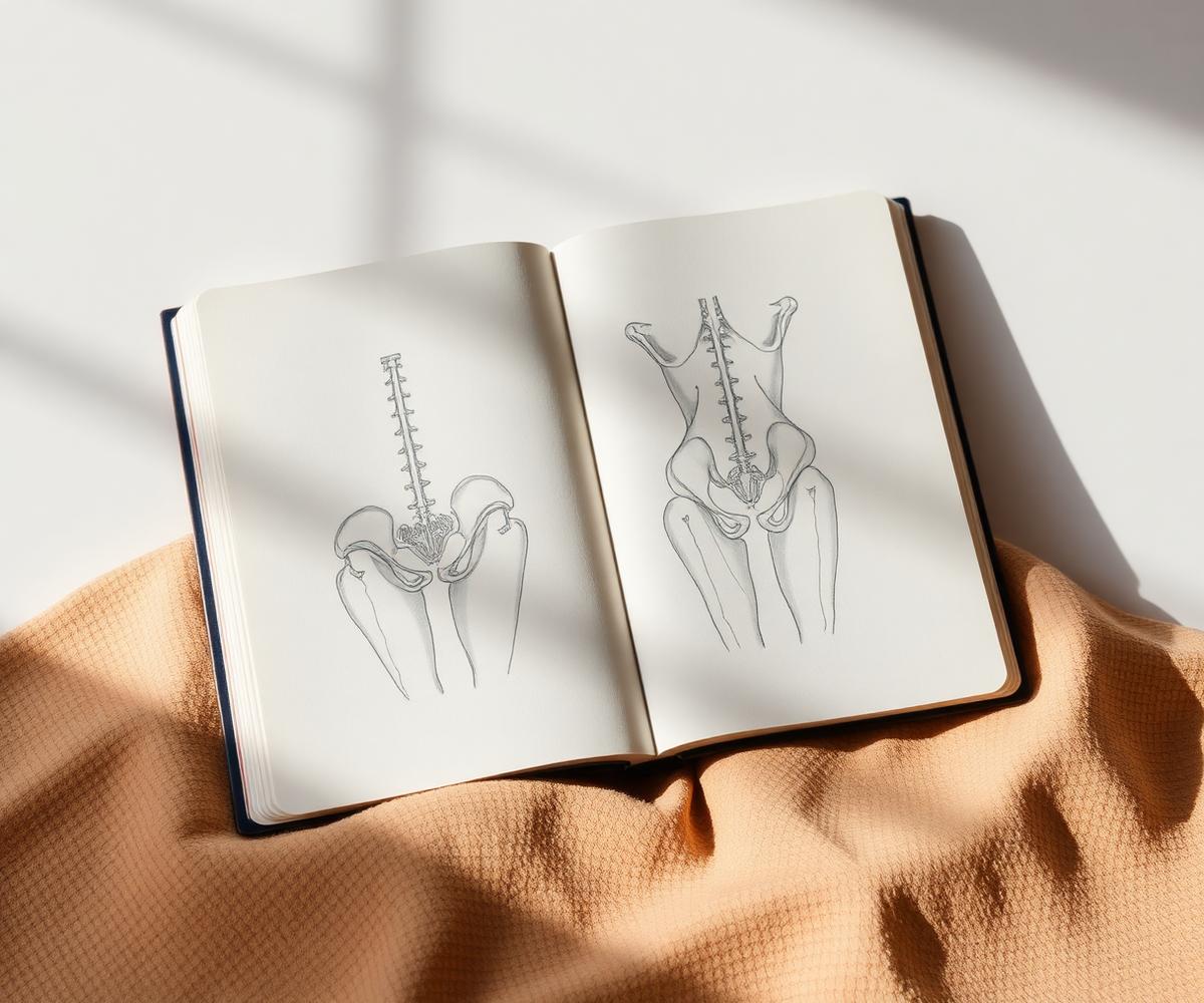 Schizzo anatomico di bacino e core su quaderno